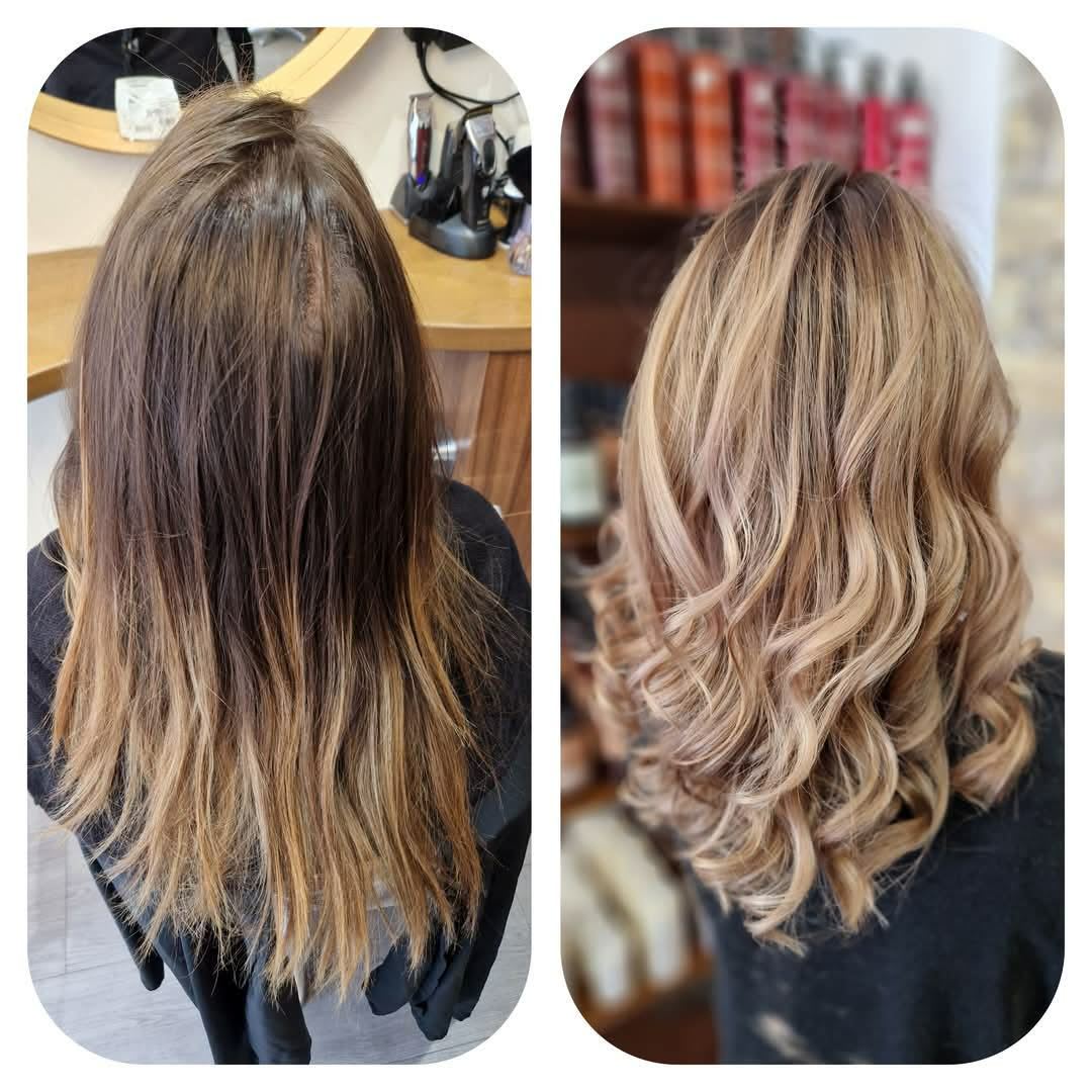 Avant / après : balayage blond doré avec brushing ondulé — S-MH'air