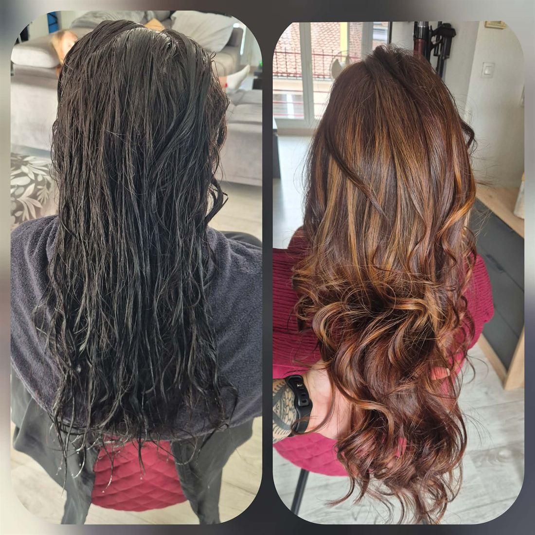Avant / après : balayage caramel et boucles sur cheveux longs bruns — S-MH'air