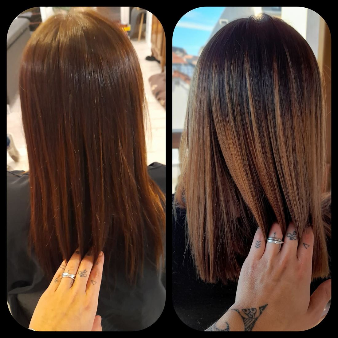 Avant / après : balayage caramel sur base chocolat, cheveux lisses — S-MH'air