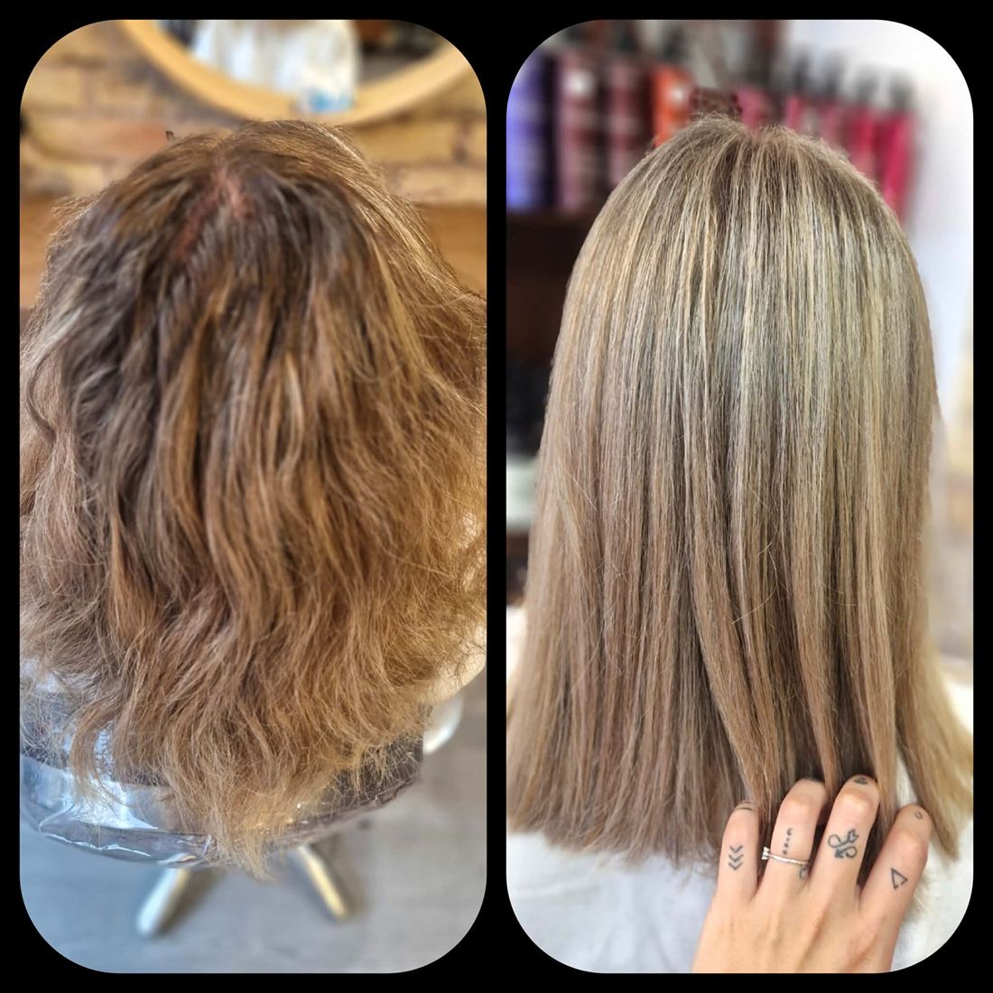 Avant / après : coloration blond beige et lissage sur carré long — S-MH'air