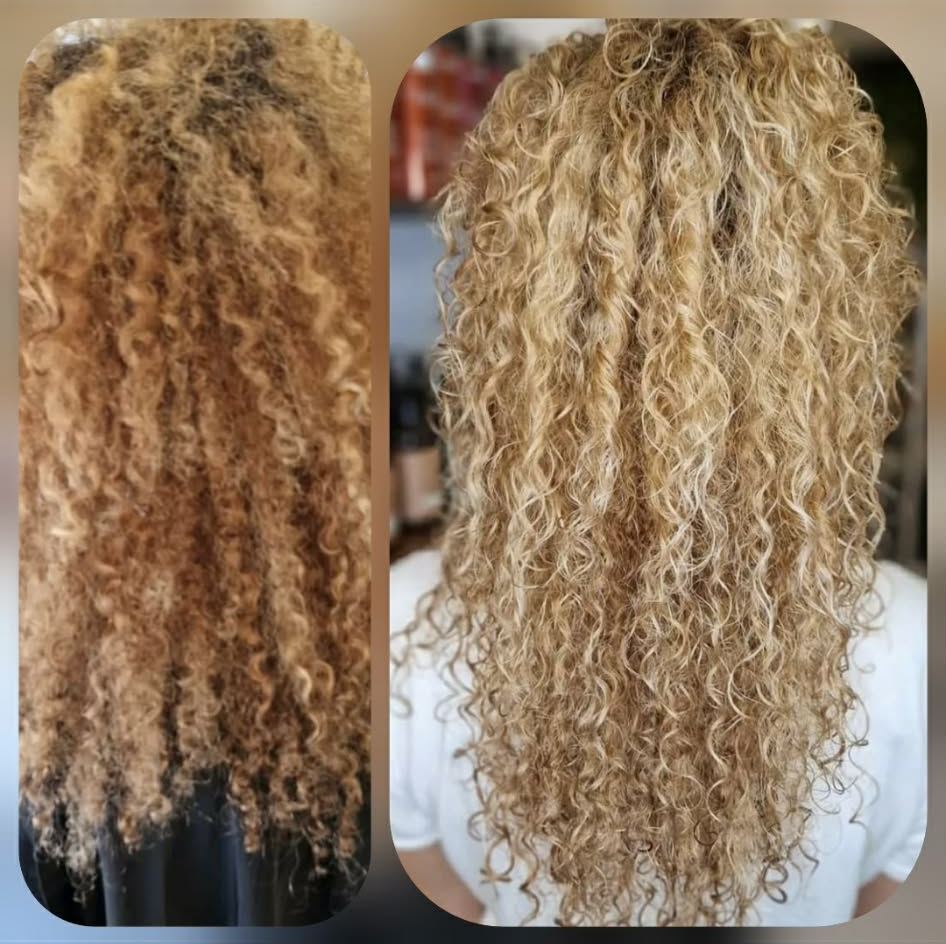 Avant / après : éclaircissement blond sur cheveux très bouclés — S-MH'air
