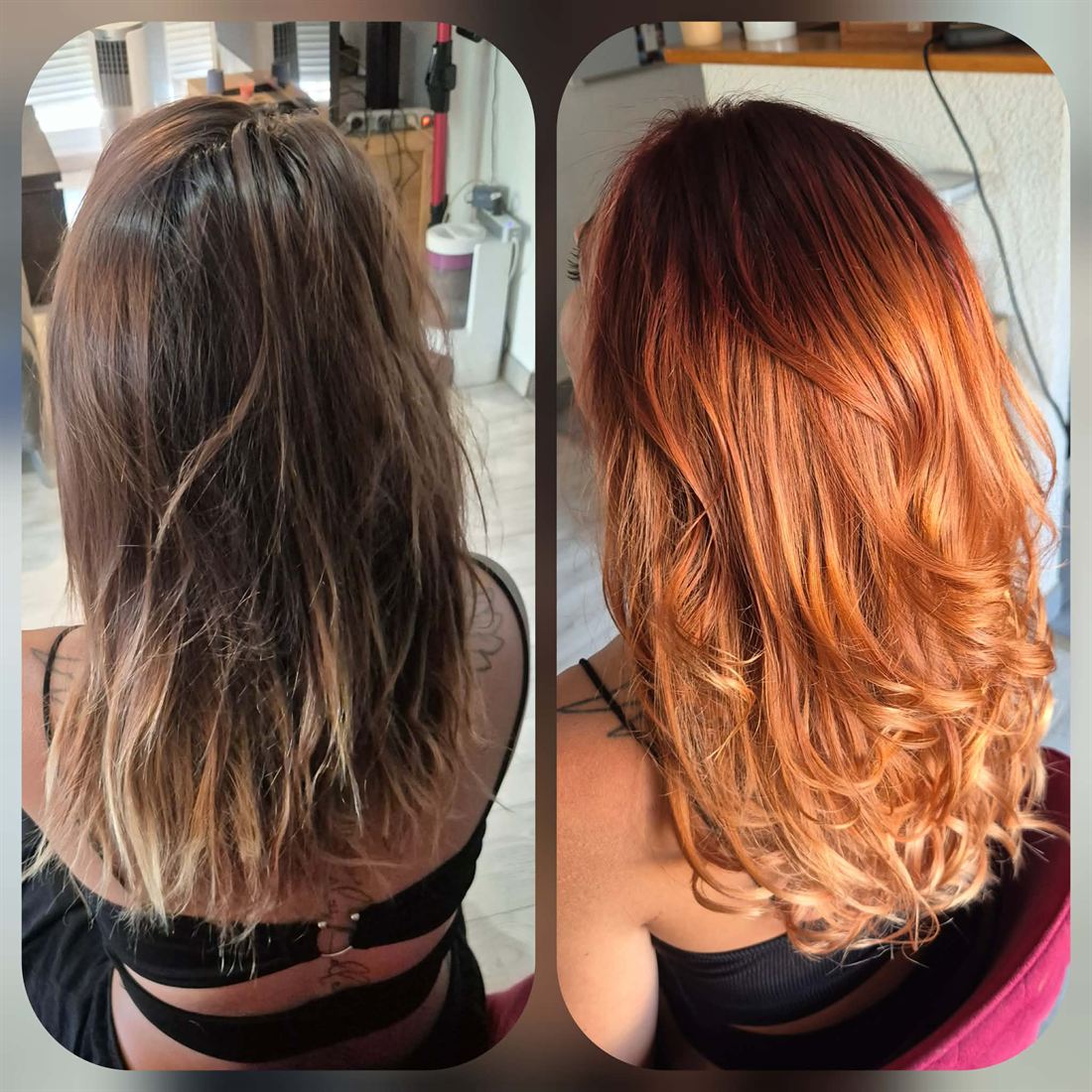 Avant / après : coloration cuivrée sur cheveux longs méchés — S-MH'air