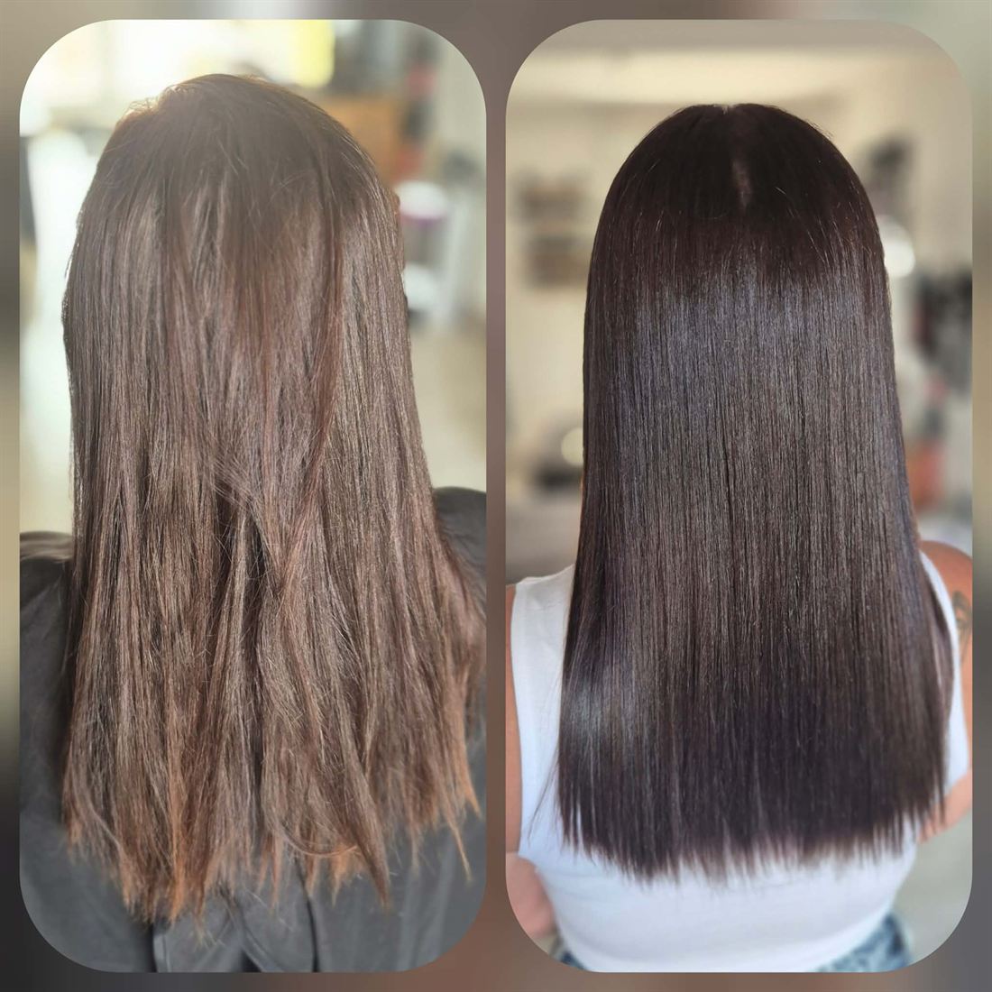 Avant / après : coupe, soin et brushing lisse brillant sur cheveux bruns — S-MH'air