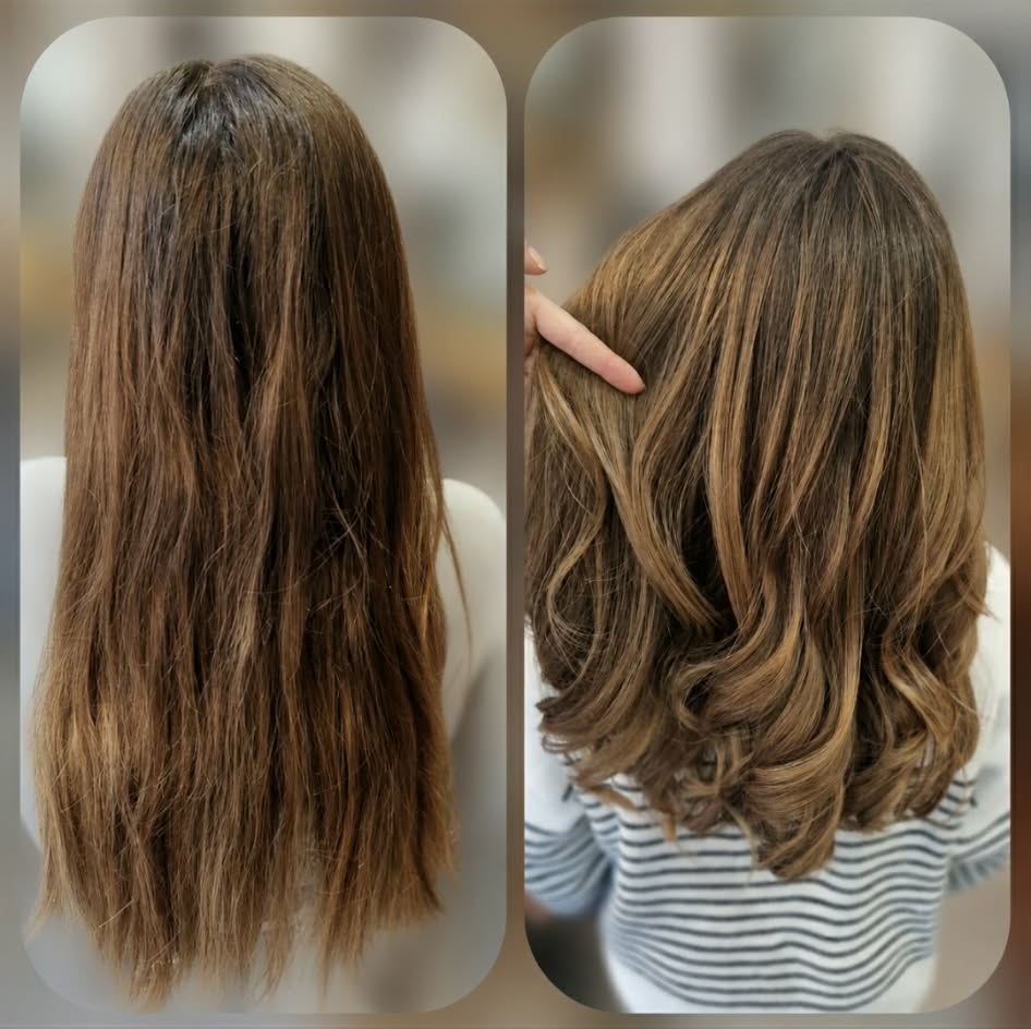 Avant / après : coupe et brushing ondulé sur cheveux longs châtains — S-MH'air