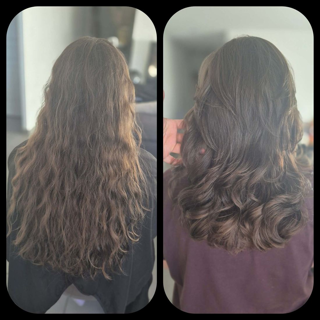 Avant / après : coupe et mise en forme de boucles sur cheveux bruns — S-MH'air